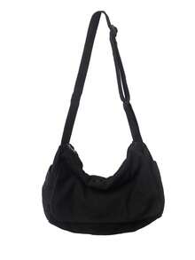Crinkled Vintage Canvas Crossbody Shoulder Bag With Adjustable Wide Strap, Soft Slouchy Pleated Design, Spacious Main Compartment, Minimalist Relaxed Style, Daily Commuter Backpack For Students And Office Workers - Black - View 7