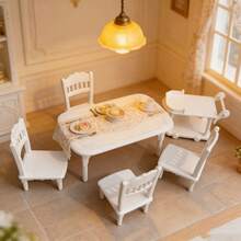6pcs 1:12 Dollhouse Mini Model Scene Miniature Accessories Props Plastic Dining Cart Table Chairs Mini Micro Decor Home Decoration Fake Dining Table Dining Chairs Push Cart Set (White, Faux Wood Color) - 1 Table + 4 Chairs + 1 Trolley (6pcs) - View 15