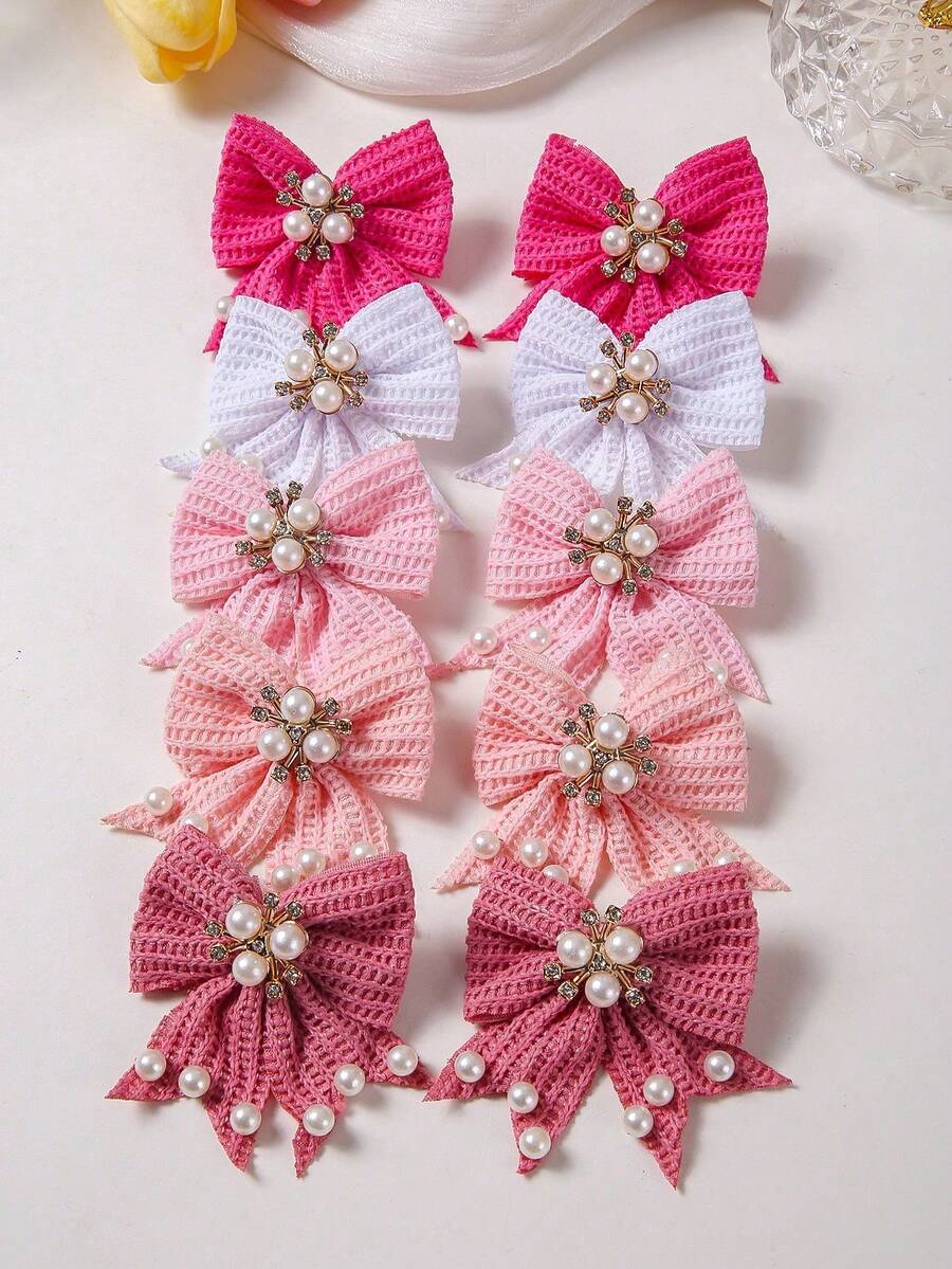 10pcs Girls Multicolor Rhinestone Pearl Flower Knitted Bow Hair Clips, Full Rhinestone Elegant Sweet Cute Hair Accessories, Top Clip Back Head Side Clip Alligator Hair Clip For Daily Use - Multicolor - View 1