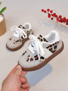 New Vintage Leopard Print Patchwork Lace-Up Sneakers, Soft Non-Slip Rubber Sole, Breathable Lining, Suitable For Daily Walking, Outdoor Play, Toddler Shoes - Light Grey - View 3