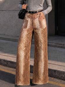 Women's Fashion Versatile Brown Gradient Deer Spot Polka Dot Wide Leg Pants, Distressed Washed Loose Drapey Floor Length - Brown - View 1