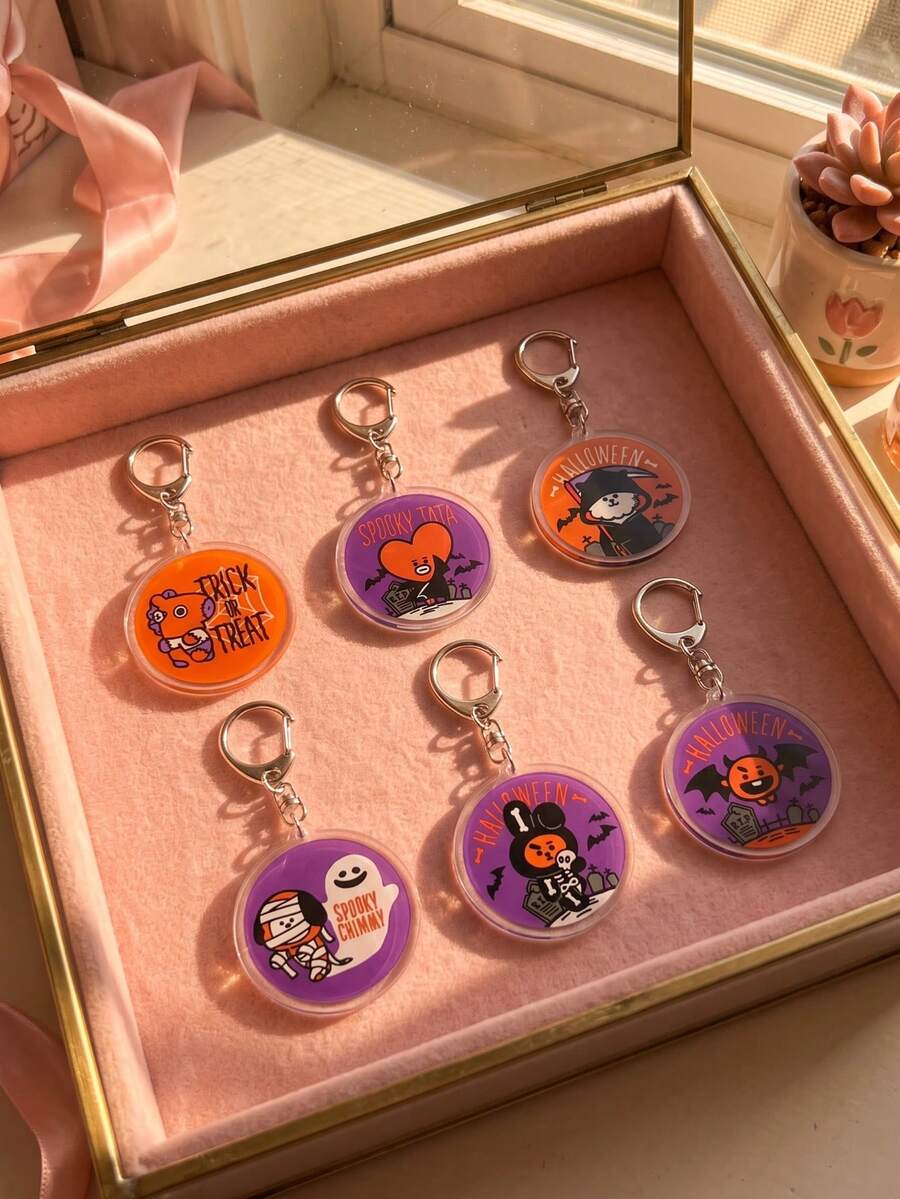 1pc/6pcs Cute Halloween Spook Acrylic Keychains, Halloween Costume Round Badge Pattern Pendant, Backpack And Car Key Accessories, K-Pop Fan And Halloween Gift, Back To School, Gift For K-Pop Fans, Gift For Friends, Halloween Exquisite Collection - Multicolor - View 1