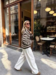 Women's Autumn New Color-Block Striped Knit Sweater, Casual Commute, College, Travel - Flower Coffee - View 7
