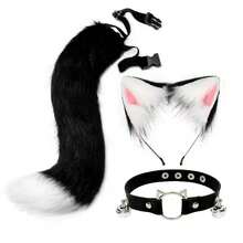Halloween Animal Ear & Tail Set, Cosplay Props For Anime Convention, Cat Girl Beast Ear Cosplay, Handmade Cat Ear Headband & Tail Set, Realistic Fox Tail Accessory, 2D Anime Animal Ear & Tail Set With Bell Collar - Black Powder - View 1