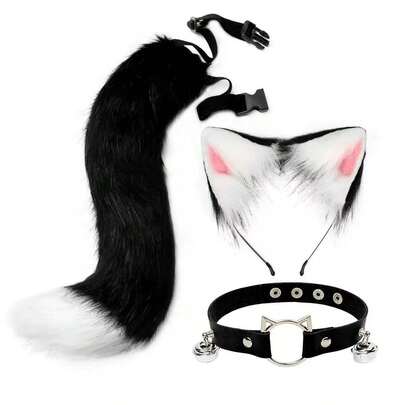 Halloween Animal Ear & Tail Set, Cosplay Props For Anime Convention, Cat Girl Beast Ear Cosplay, Handmade Cat Ear Headband & Tail Set, Realistic Fox Tail Accessory, 2D Anime Animal Ear & Tail Set With Bell Collar