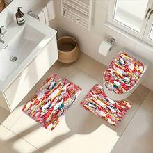 4pcs Cartoon Sanrio Family Bathroom Decor Set, Includes Non-Slip Bath Mat, U-Shaped Mat, Toilet Lid Cover, Shower Curtain And 12 Hooks, Waterproof, Washable, Non-Slip, Durable, Soft - Shower Curtain and Bath Mat - View 7