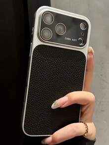 Luxury Lychee Pattern Faux Leather Large Window Phone Case Compatible WIth IPhone 18 Pro Max 18 Pro 17Pro Max 17Pro 17 16Pro Max 16Pro 15Pro Max 15Pro 13Pro Max 14 Pro 16 15 14 13 Lens Protection Shockproof Back Cove - Black - View 3