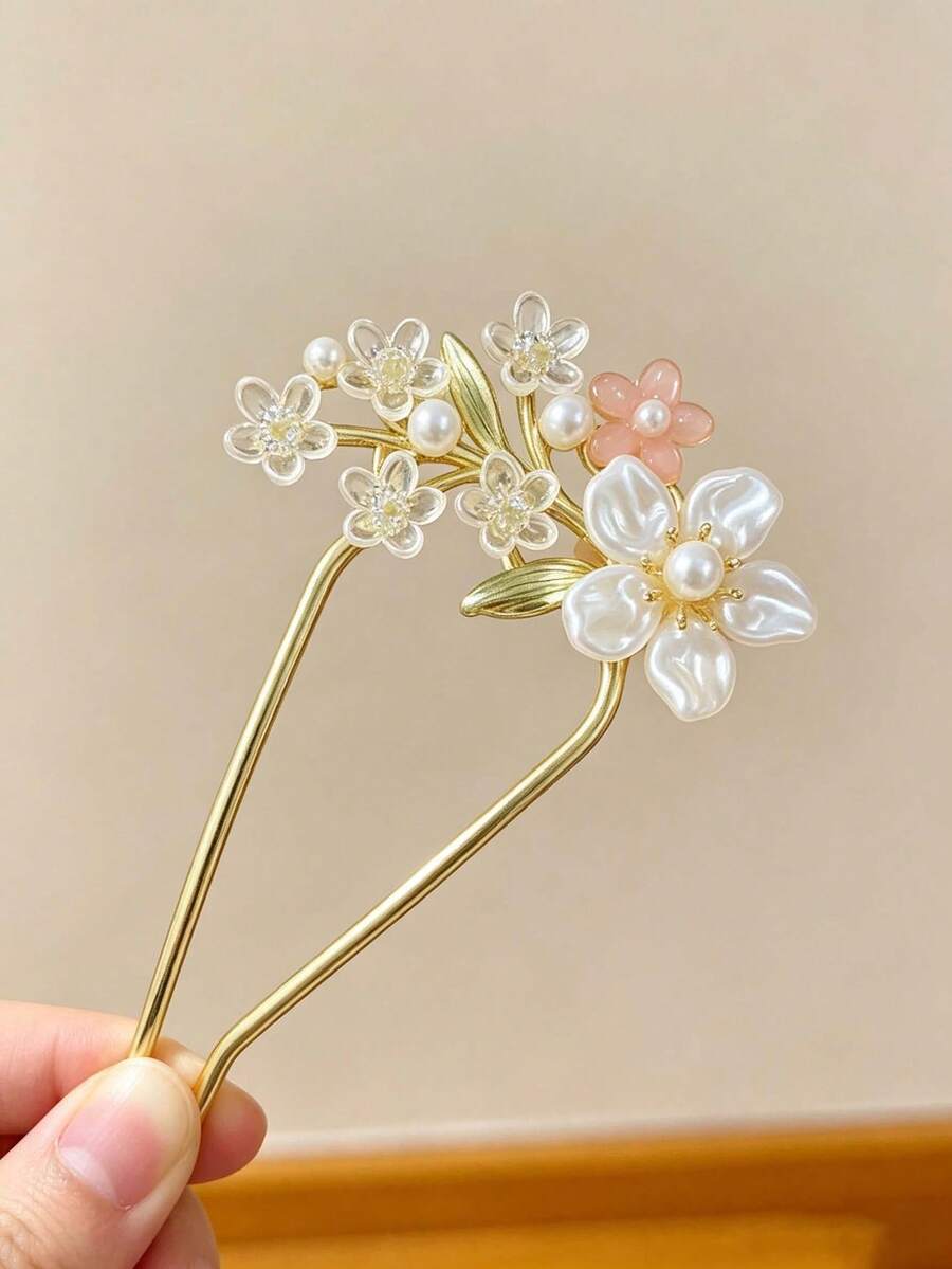 1件珍珠花朵髮簪,仙氣透明花朵珍珠髮夾,法式溫柔U型髮夾,日常/宴會復古奢華盤髮飾品,古風漢服百搭氣質髮飾 - 彩色 - 查看 1