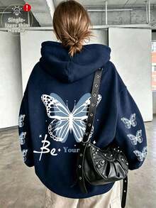 Women's Autumn/Winter New Minimalist Dreamy Sweet Butterfly Print Casual Everyday Versatile Sweatshirt - Navy Blue - View 2