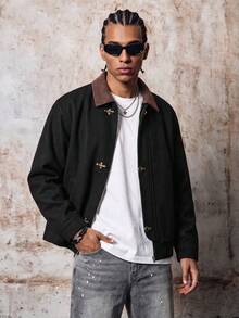 Skyrend Men's Wool Blend Colorblock Corduroy Coat With Toggle Button Decor, Relaxed Youthful Streetwear Style Fall/Autumn/Winter Grunge - Black - View 1