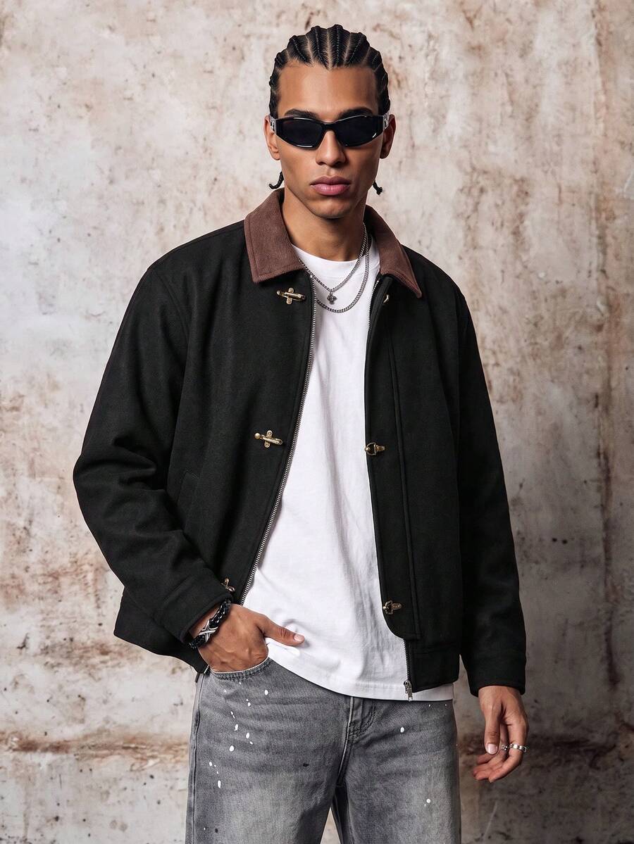 Skyrend Men's Wool Blend Colorblock Corduroy Coat With Toggle Button Decor, Relaxed Youthful Streetwear Style Fall/Autumn/Winter Grunge - Black - View 1