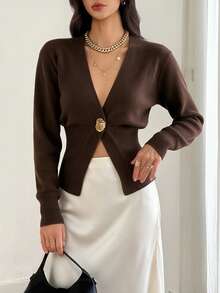 SEREN Women's Vintage V-Neck Knit Cardigan, Elegant Slimming Long Sleeve Sweater Jacket, Suitable For Autumn Wear - Brown - View 5