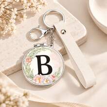 1pc 26 Letters Optional Floral Design Double-Sided Portable Makeup Mirror, 1X High Definition Mirror 180° Foldable PU Leather Pendant, Girls Bag Keychain Mirror/Bag Charm - Multicolor - View 9