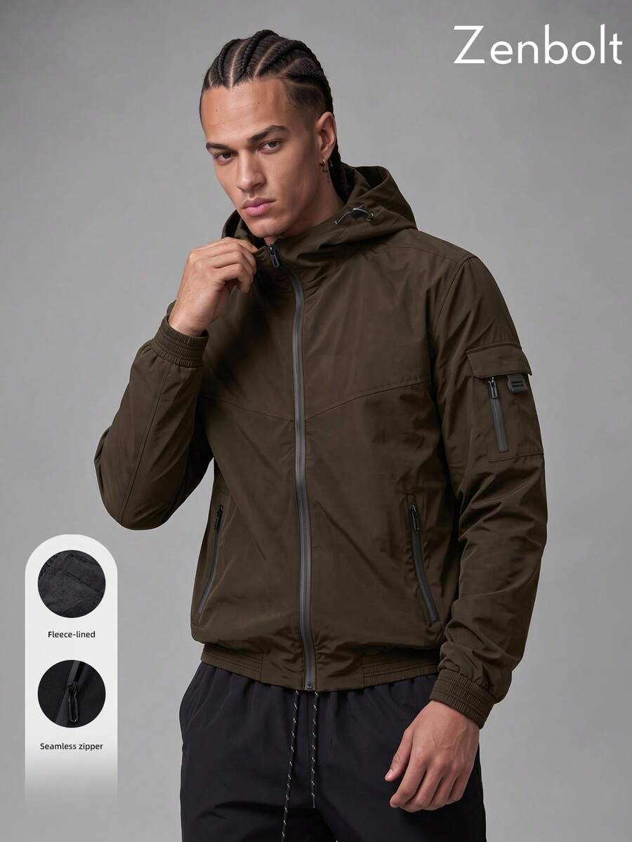 ZenBolt Winter Men Solid Drawstring Hooded Windbreaker Zip Up Lightweight Jacket Casual Active Outerwear Breathable Coat With Pockets For Men - Coffee Brown - View 1