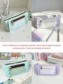 1pc Cute Plaid Pattern Pleated Pencil Case, Star Pendant Double Zipper Stationery Storage Bag, Large Capacity Transparent Window Pencil Pouch, Suitable For Back To School, Holidays, Travel, Soft Fabric Portable Makeup Organizer, Student Gift Choice - Single Piece - View 9
