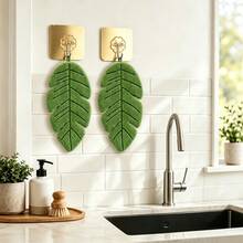 4pcs Banana Leaf Pattern Hand Towel Set, Includes 2 Coral Fleece Leaf Hand Towels And 2 Wall-Mounted Hooks, Soft, Absorbent, Quick-Drying, Hangable, Suitable For Kitchen, Bathroom Use, Also As Home Decor, Especially For Plant Lovers - Mint Green - View 6