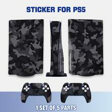Juego Completo de Pegatinas Protectoras Compatibles con Edición de Disco, Patrón de Camuflaje Gris Oscuro Personalizado, Película Anti-Arañazos Removible sin Residuos, Compatible con Consola y Control DualSense - Ver 1