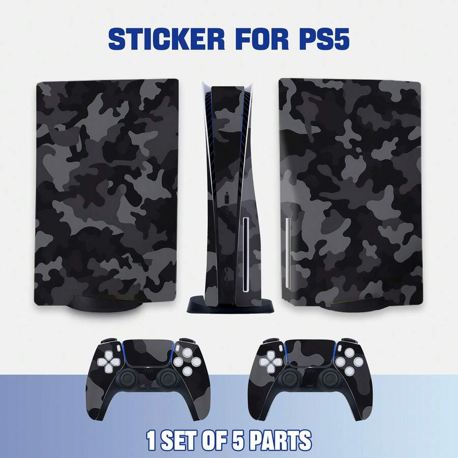 Juego Completo de Pegatinas Protectoras Compatibles con Edición de Disco, Patrón de Camuflaje Gris Oscuro Personalizado, Película Anti-Arañazos Removible sin Residuos, Compatible con Consola y Control DualSense - Ver 1