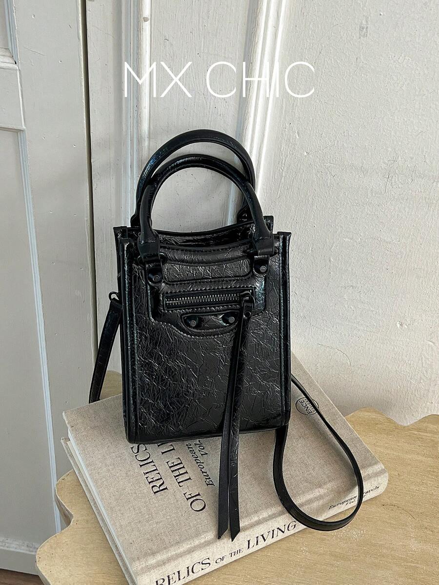 1pc Women's Solid Color PU Handbag, Fashion Zipper Closure, Suitable For Date Gift - Black - View 1