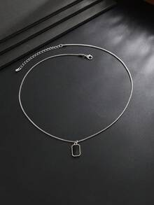 1pc Minimalist Men's Black Square Stone Pendant Necklace, Box Chain Versatile Clavicle Chain, Daily & Party Wear Accessory For Men - White K - View 4