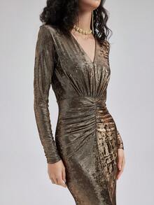 Rich Radi Q's Fashion Women's Woven Long Sleeve V-Neck Bodycon Dress, Gold Appearance Pleated Midi Length, Suitable For Formal Occasions - Gold - View 5