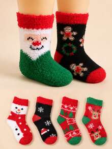 6 Pairs Random Kids Christmas Half-Fleece Mid-Calf Socks, Multiple Cartoon Snowman & Reindeer Patterns, Thickened Warm Soft Skin-Friendly Winter Home Sleep Socks For Boys & Girls - Multicolor - View 3