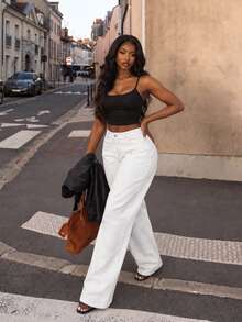 Women's Vintage High-Waisted White Straight Leg Jeans With Pockets, Extended Length Woven Fabric Non-Stretch Loose Fit Pants - White - View 6