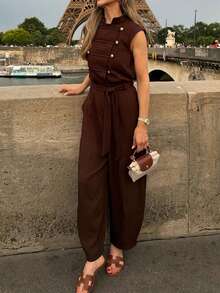 LUNNELUX Women Fall Brown Sleeveless Stand Collar Jumpsuit, Decor Button Belted Wide Leg Cropped Jumpsuit With Pockets, Halloween Daily Outfit - Brown - View 3
