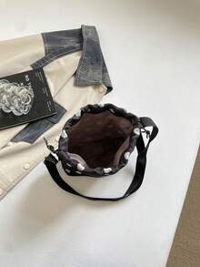 1件裝尼龍純色抽繩水桶包，波點圖案女款斜跨單肩包 - 黑色 - 查看 9