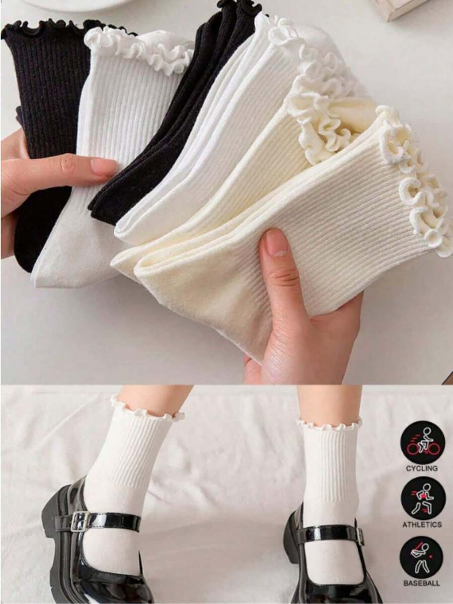 1/3/5/6/10 Pairs Women's Casual Ruffle Edge Mid-Calf Socks, All-Season Solid Color Socks, Japanese Style Lace Mid-Calf Socks For Autumn/Winter - Multicolor - View 1