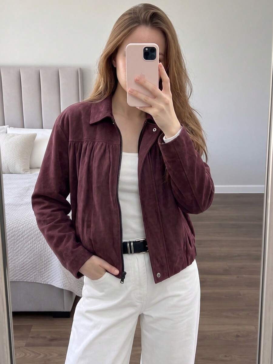 Women's Faux Suede Zip-Up Lapel Short Jacket With Chest Pleats And Long Sleeves, Suitable For Daily Wear In Autumn - Brown - View 1