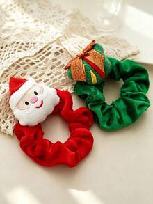 Women's Christmas Velvet Scrunchie, With Santa Claus, Reindeer, Christmas Tree Fabric Applique, Holiday Hair Accessory, Christmas Party Holiday Styling, Daily Gathering Outfit Accessory, Multiple Styles Available - Multicolor - View 4