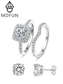MDFUN White Gold‑Plated CZ Bridal Jewelry Set,2 Stackable Halo Rings+1 Pair Stud Earrings,Square/Round Design For Women Wedding Party - B-round Stud Earrings + Ring - View 1