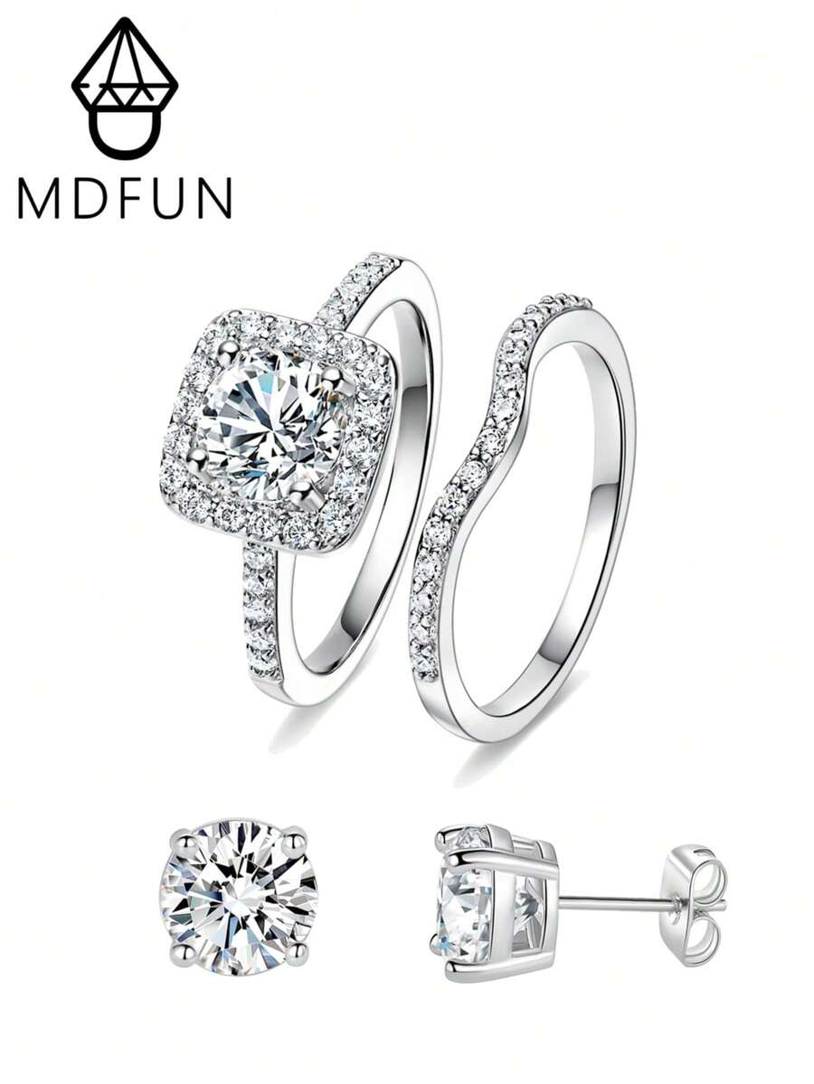 MDFUN White Gold‑Plated CZ Bridal Jewelry Set,2 Stackable Halo Rings+1 Pair Stud Earrings,Square/Round Design For Women Wedding Party - B-round Stud Earrings + Ring - View 1