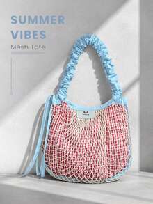 New Nylon Plaid Series Shoulder Crossbody Drawstring Dual-Use Dopamine Bag For Women 2026 New Lightweight Large Capacity Mesh Shopping Tote Bag Beach Bag - Multicolor - View 4