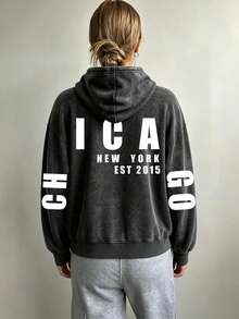 Women's Stylish Casual Hoodie – Letter-Print Pocket Hooded Jacket - Black - View 5