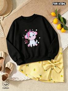 Kids Black Hoodie: Cute Unicorn & Pink Note Print, Round Neck Long Sleeve, Soft Breathable Casual Style For Spring Autumn Daily Wear - Black - View 2