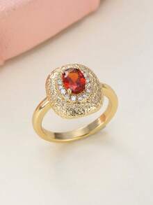 1pc Vintage Hammered Texture Gold Color Ring For Women Halo Red Cubic Zirconia Statement Ring Luxury Party Wedding Stackable Jewelry Accessories Gift - Ring - View 8