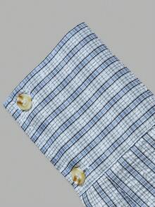 Women's Elegant Plaid Shirt Short Dress, Collared Long Sleeve Ruched Cinched Waist A-Line Skirt, Suitable For Daily Outings And Commuting - Baby Blue - View 5