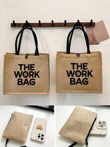 大容量工作托特包套組，黑色字母「THE WORK BAG」，多功能收納包，極簡風格專業女性托特包，休閒日常與商務旅行包，新工作祝賀禮物，獨特聖誕禮物，亞麻手柄托特包與手提帶化妝包，旅行、度假、野餐、超市購物、日常攜帶，生日禮物，返校季，女性時尚帆布拉鍊手提包－優質購物選擇 - 彩色 - 查看 5
