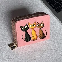 Cat Print Card Holder, Lightweight Fashionable Women's Wallet, Suitable For Daily Use, Double Zipper Mini Wallet/Coin Purse/Card Holder - Multicolor - View 20