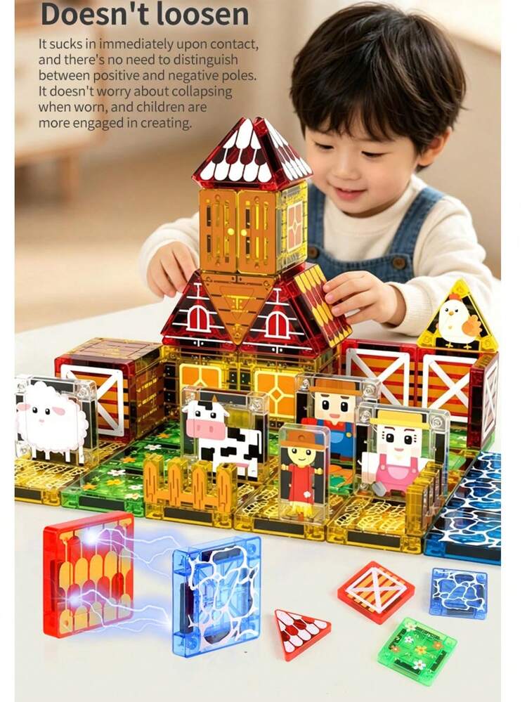 100片農場磁力片玩具，兒童DIY STEM磁力積木套組，益智教育玩具，3.75cm迷你磁力建構積木玩具 - 彩色 - 查看 7