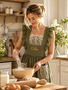 Personalized Custom Name Lace Ruffle Apron, Vintage Floral Lace Trim Pinafore Apron With Pockets, Adjustable Sleeveless Cooking Baking Apron, Custom Text Kitchen Housewarming Gift For Women - Multicolor - View 3