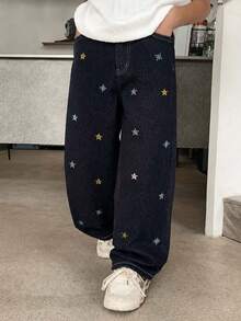 Boys' Mid-Waist Star Embroidered Loose Wide Leg Streetwear Black Denim Jeans - Black - View 3