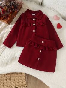2pcs Girls Vintage Sweet Style Corduroy Short Jacket With Lapel And Frill Trim, Paired With High Waist Ruffle Button A-Line Skirt Set, Spring/Autumn - Burgundy - View 3
