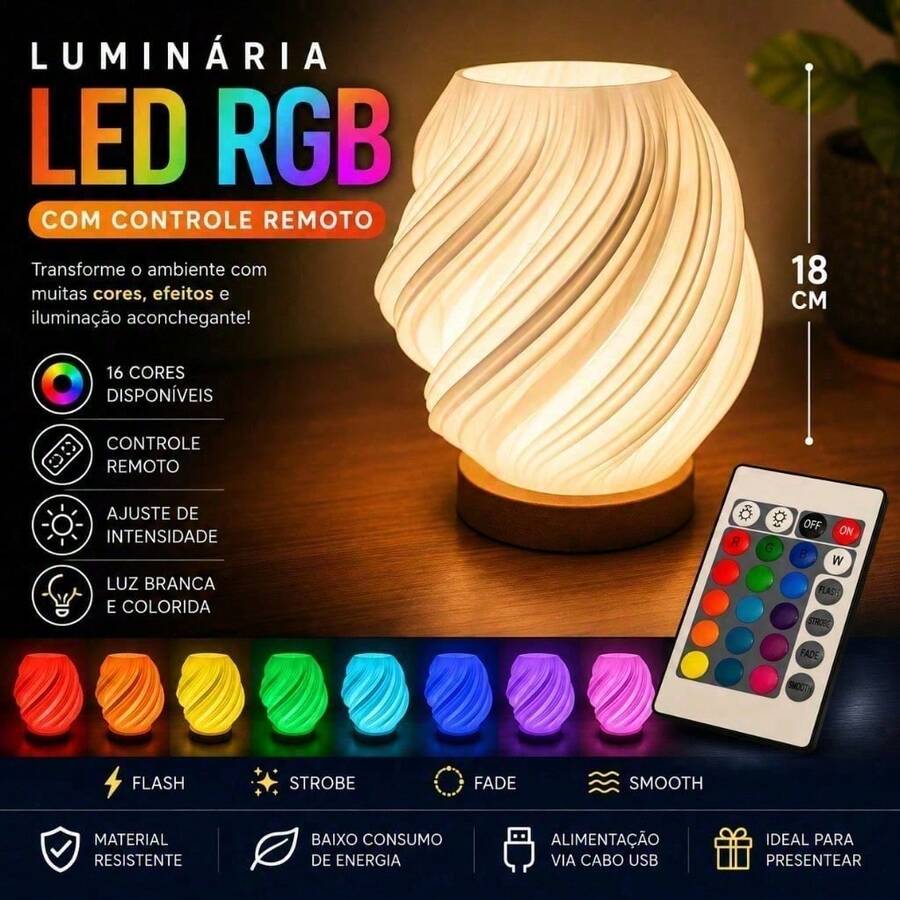 LUMINÁRIA ABAJUR DECORATIVA LED RGB COM CONTROLE REMOTO - Multicolorido - Visão 1