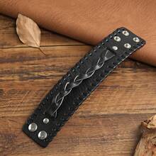 2pcs Punk Style PU Leather Wide Bracelet, Vintage Braided Rivet Wristband, Gothic Personalized Men's Women's Streetwear Accessory, Adjustable Wrist Strap, Exquisite Gift For Men And Women - Black - View 5