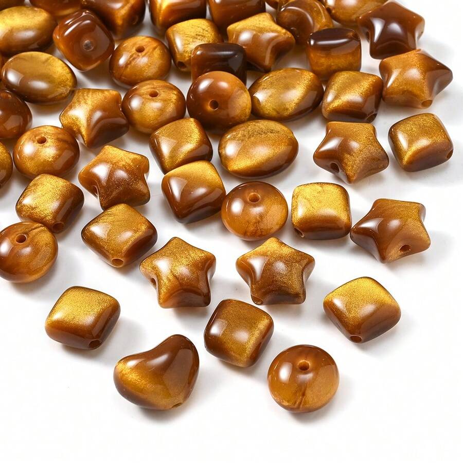 10pcs Vintage Brown Gilded Flowing Pattern Beads, Faux Tiger Eye Gold Powder Resin Spacer Beads, Heart Star Square Flat Beads For DIY Handmade Jewelry Accessories - Light Brown - View 1