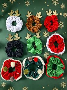 Women's Christmas Velvet Scrunchie, With Santa Claus, Reindeer, Christmas Tree Fabric Applique, Holiday Hair Accessory, Christmas Party Holiday Styling, Daily Gathering Outfit Accessory, Multiple Styles Available - Multicolor - View 7