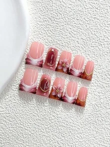 10片裝柔軟精緻手工穿戴甲，Polygel美甲套組，花卉圖案，粉色與玫瑰色指甲油，溫柔優雅風，3種尺寸可選，杏仁/鴨嘴/棺材形，適合派對、跳舞、日常配戴（手工細節可能有所不同） - 彩色 - 查看 16